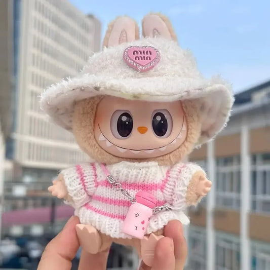 🧸 Sweater Rayé Rose &amp; Blanc pour Poupée Labubu 17 cm